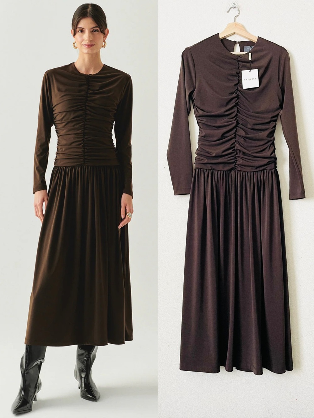NWT Exquise SMALL Melany Vneck ruched long sleeve knit maxi dress in brown